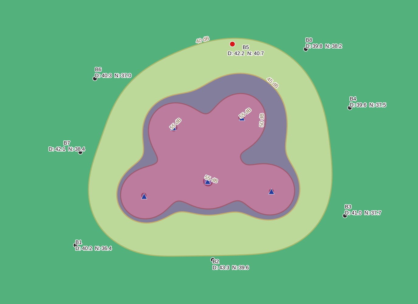 Izofony i poziomy hałasu dla przykładowej farmy wiatrowej w QGIS