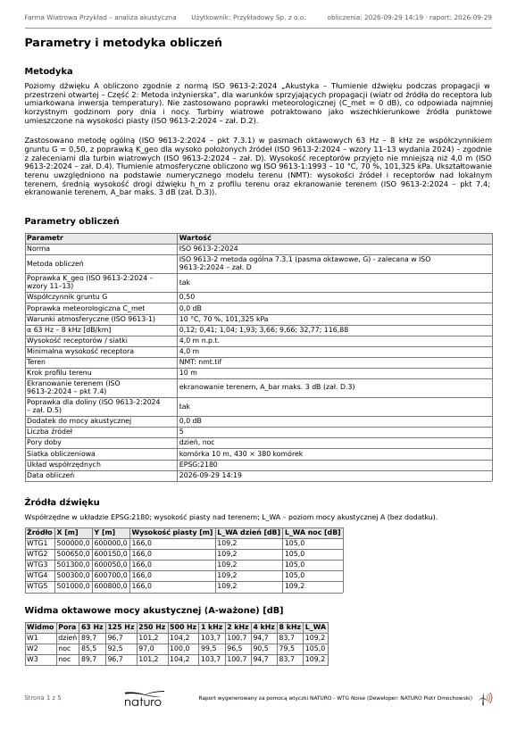 Strona raportu z parametrami obliczeń