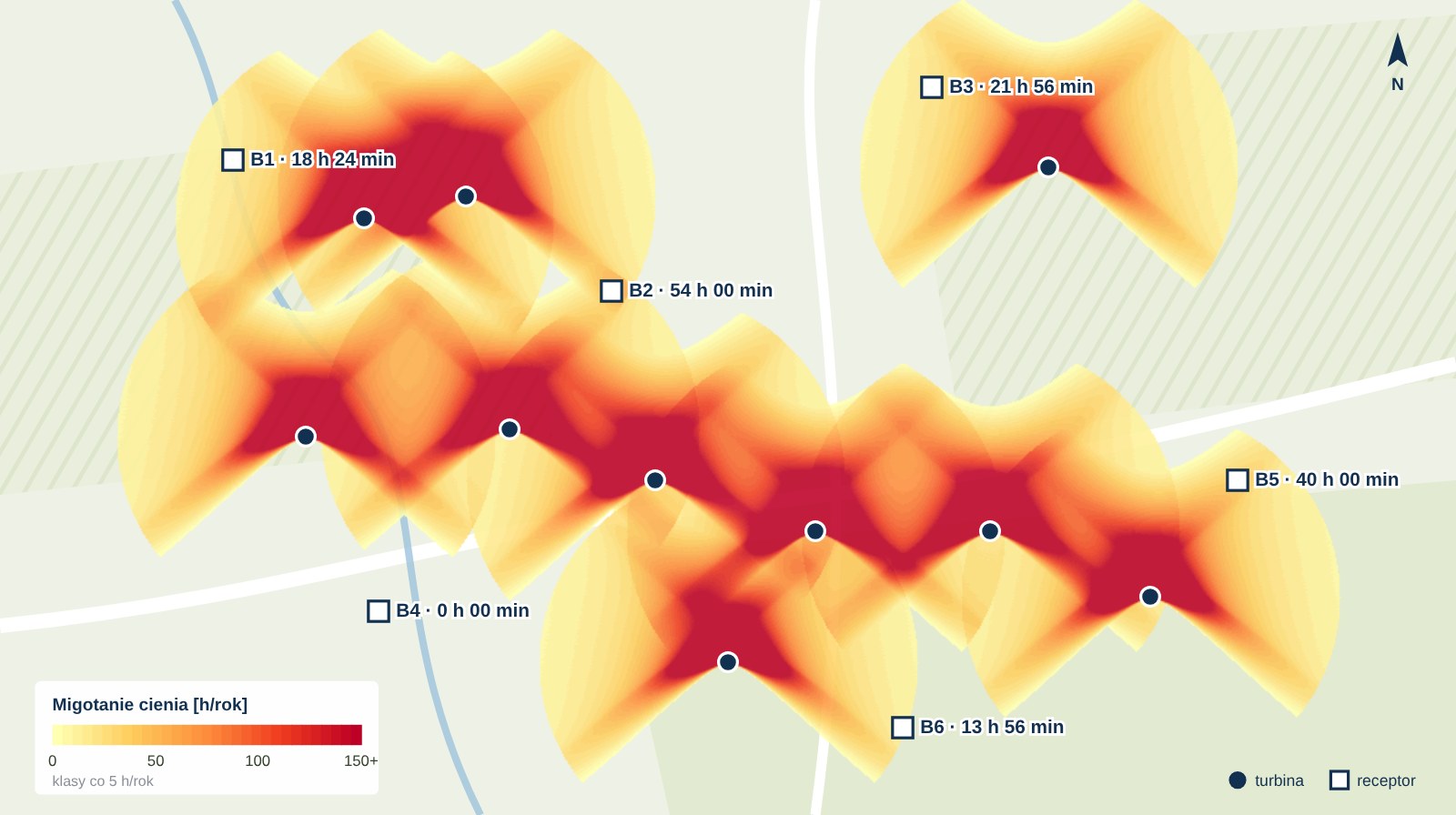 Mapa zasięgu migotania cienia – schemat poglądowy